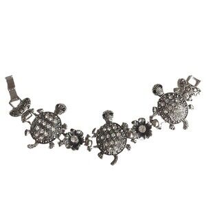 Silver Sea Turtle Charm Bracelet Crystal 7.5" Island Nautical Beach Plated